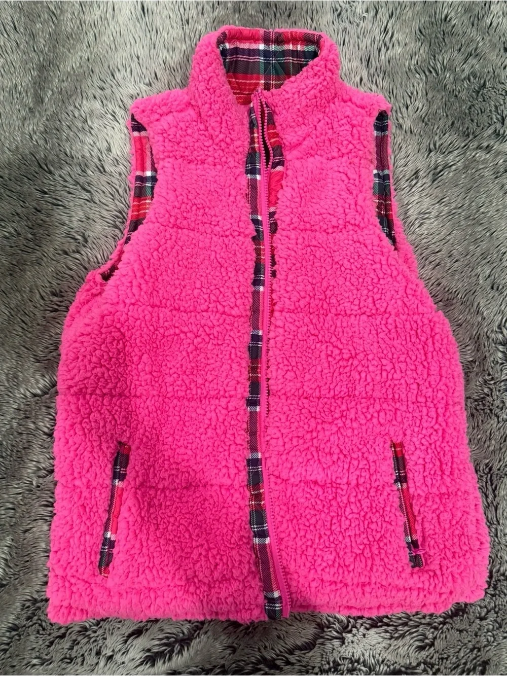 Pink Sherpa Vest with Plaid Trim